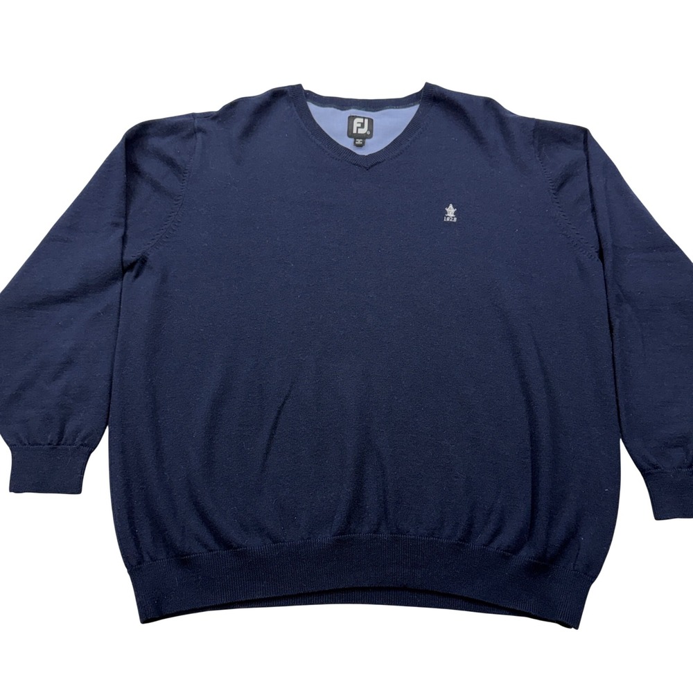 FootJoy 1928 Mens XL Navy Blue 100% Wool V-Neck Golf Sweater FJ‎ Logo